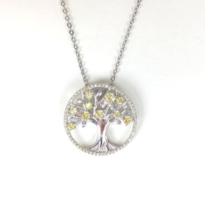SPARKLING TWO TONE TREE OF LIFE PAVE CZ STERLING SILVER NECKLACE