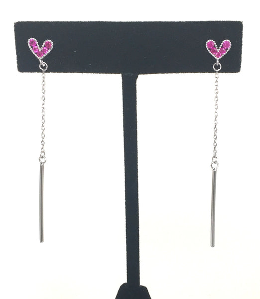 PURPLE HEART AND DROPPING BAR PAVE CZ STERLING SILVER EARRINGS