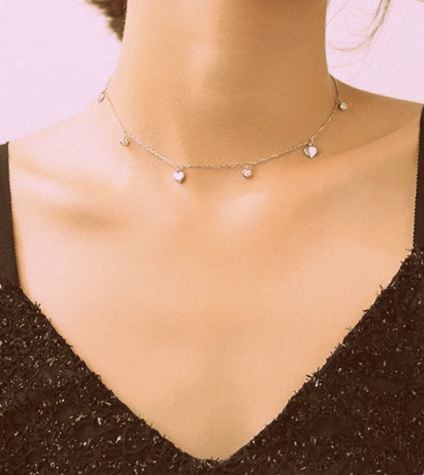 HEART AND SMALL BEZEL CHOKER STERLING SILVER NECKLACE