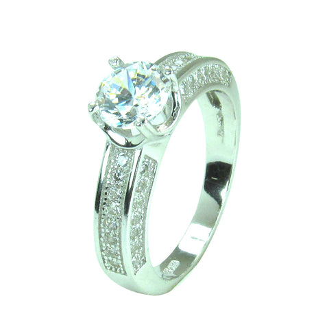 CLEAR STONE WITH SIDE PAVE CZ STERLING SILVER RING