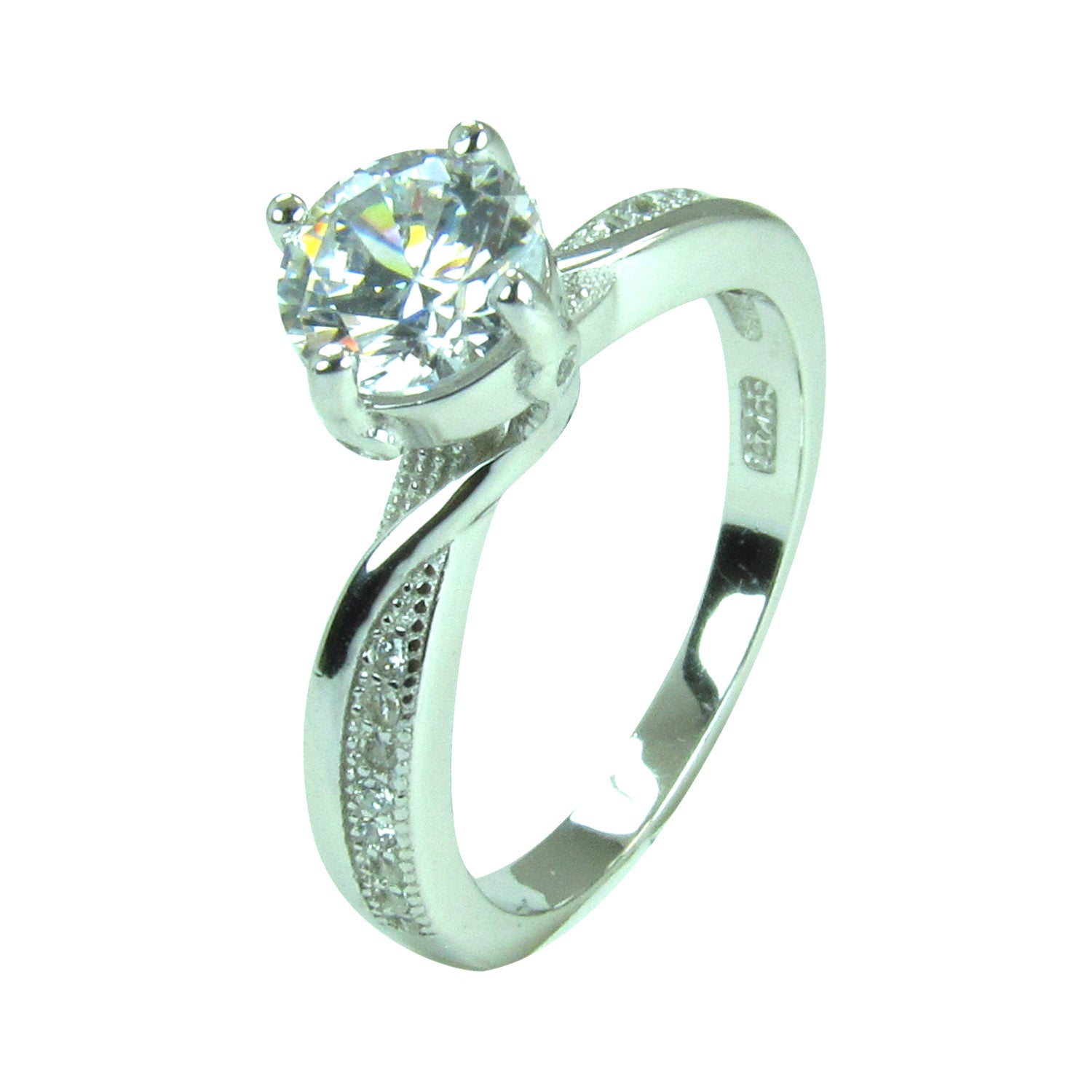 ROUND CLEAR STONE WITH TWIST SIDE PAVE CZ STERLING SILVER RING