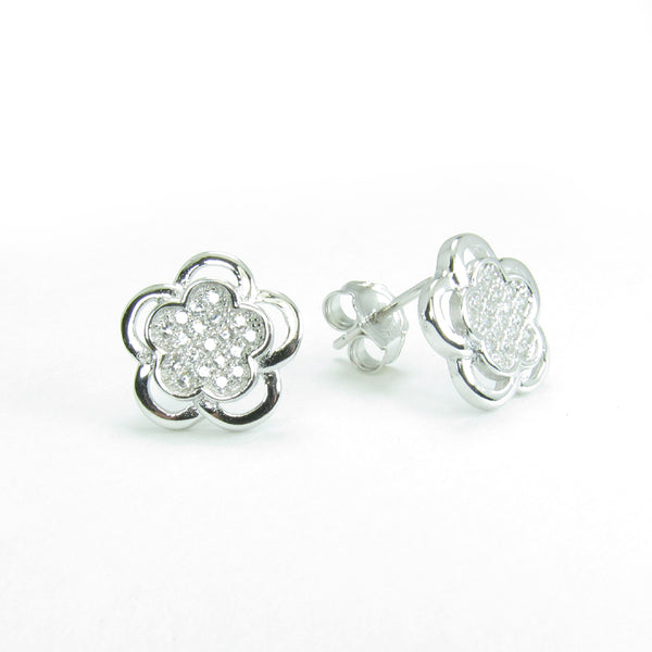 PLUM FLOWER PAVE CZ STERLING SILVER EARRINGS