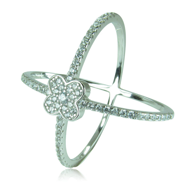 X WITH FLOWER PAVE CZ STERLING SILVER RING