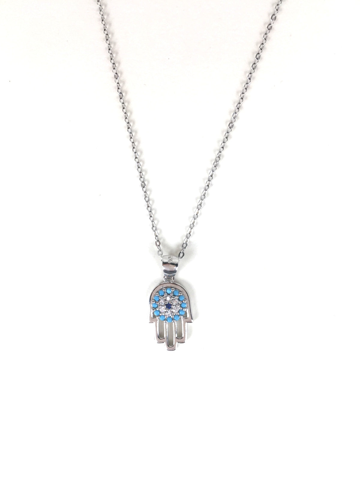 HAMSA HAND 3 PAVE CZ STERLING SILVER NECKLACE