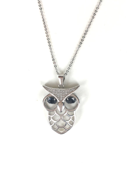 BIG OWL WITH BLACK EYES PAVE CZ STERLING SILVER NECKLACE