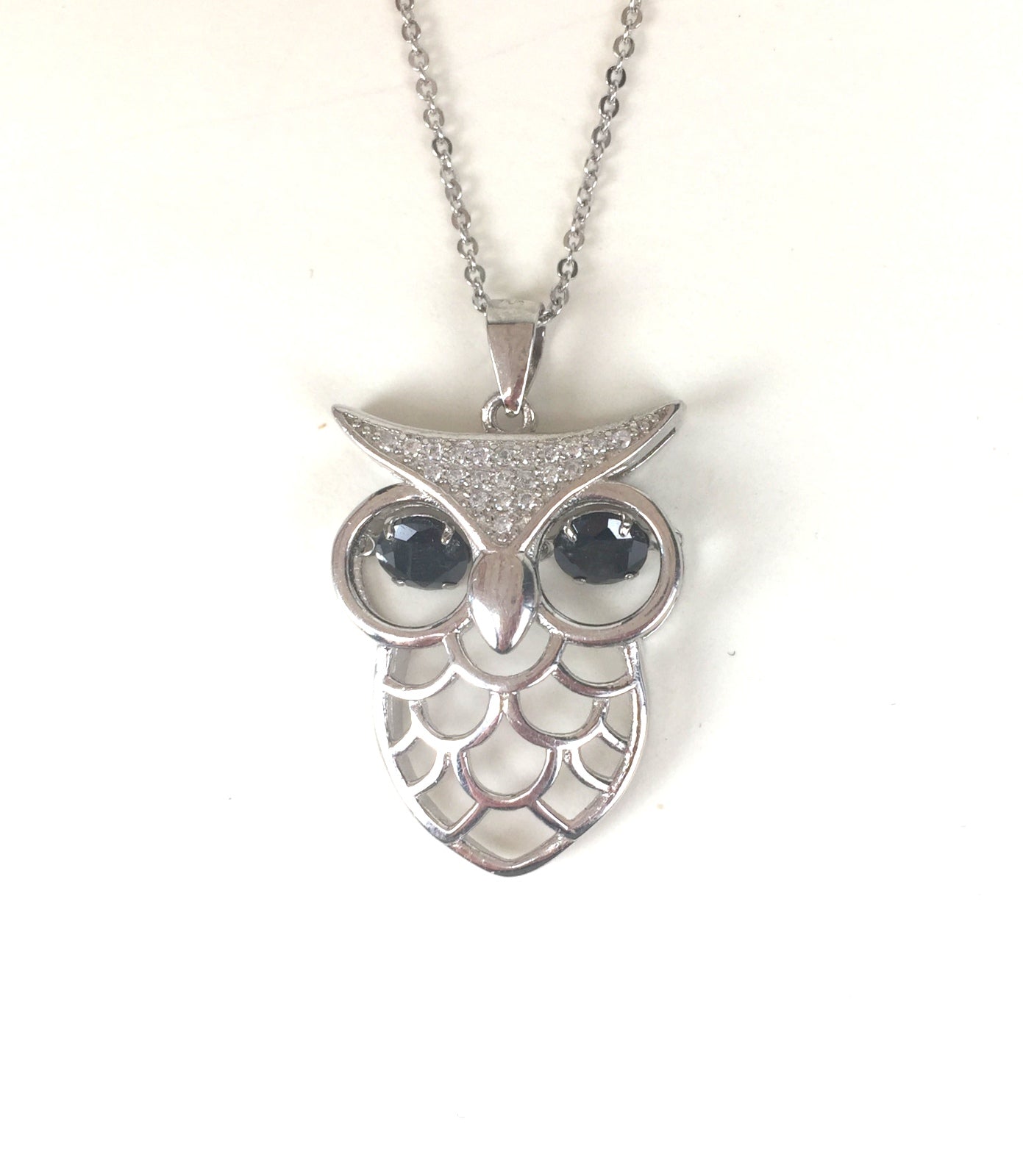 BIG OWL WITH BLACK EYES PAVE CZ STERLING SILVER NECKLACE