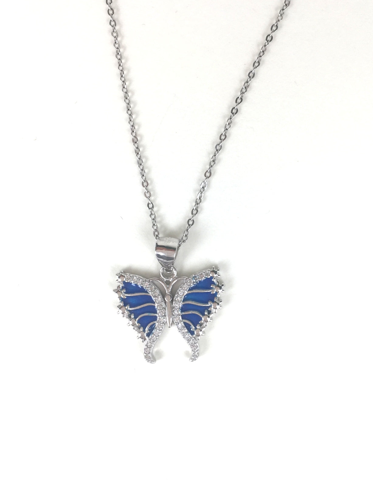 BLUE BUTTERFLY PAVE CZ STERLING SILVER NECKLACE
