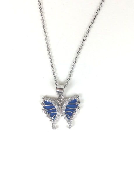BLUE BUTTERFLY PAVE CZ STERLING SILVER NECKLACE