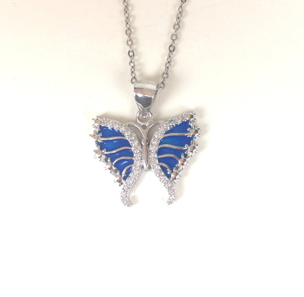 BLUE BUTTERFLY PAVE CZ STERLING SILVER NECKLACE