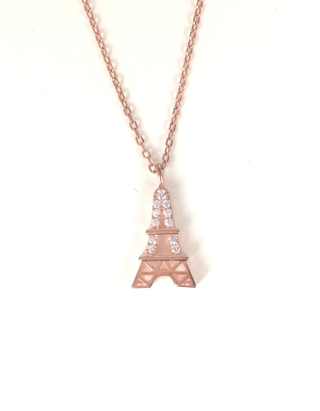 ROSE GOLD EIFFEL TOWER PAVE CZ STERLING SILVER NECKLACE