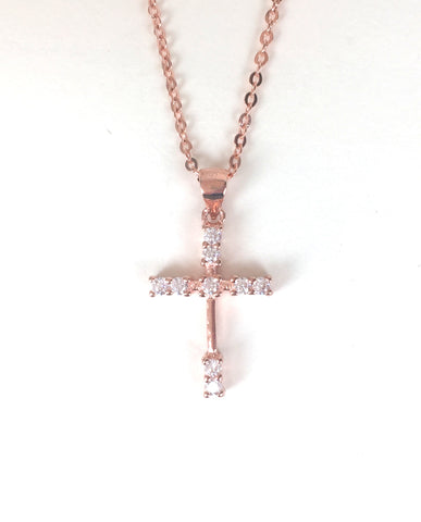 ROSE GOLD CROSS PAVE CZ STERLING SILVER NECKLACE