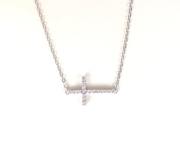 SIDE-WAY CROSS PAVE CZ STERLING SILVER NECKLACE