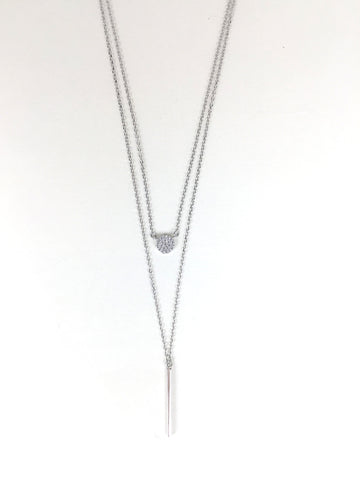 LAYERED BAR AND SMALL DISK PAVE CZ STERLING SILVER NECKLACE