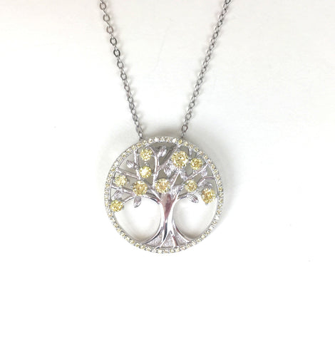 SPARKLING TWO TONE TREE OF LIFE PAVE CZ STERLING SILVER NECKLACE