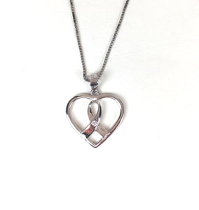 CANCER RIBBON IN HEART STERLING SILVER NECKLACE