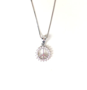 SMALL PEACE SIGN PAVE CZ STERLING SILVER NECKLACE