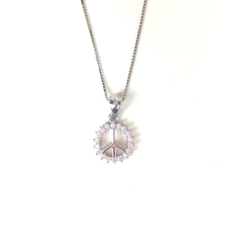 SMALL PEACE SIGN PAVE CZ STERLING SILVER NECKLACE