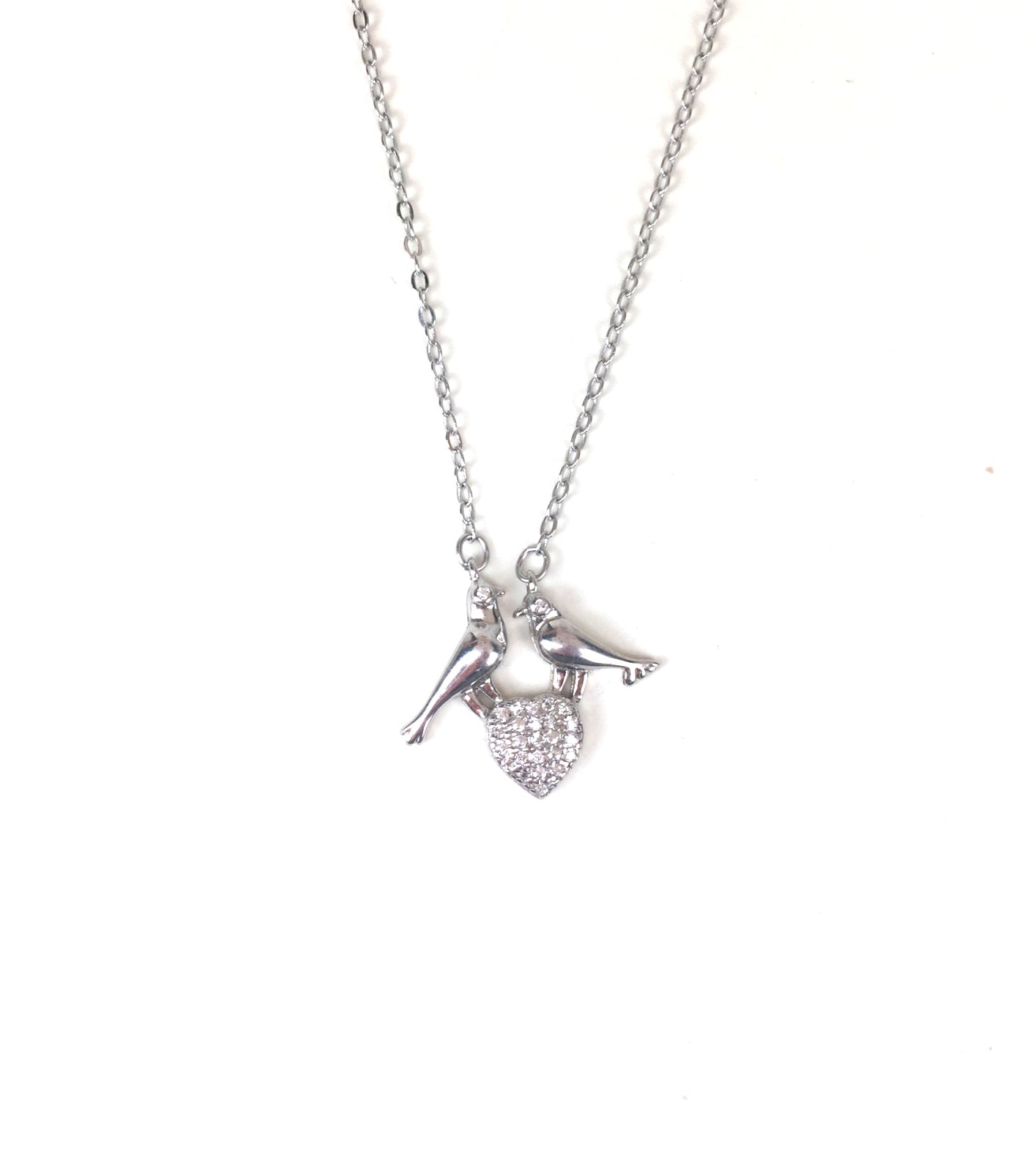 TWO BIRDS AND HEART PAVE CZ STERLING SILVER NECKLACE