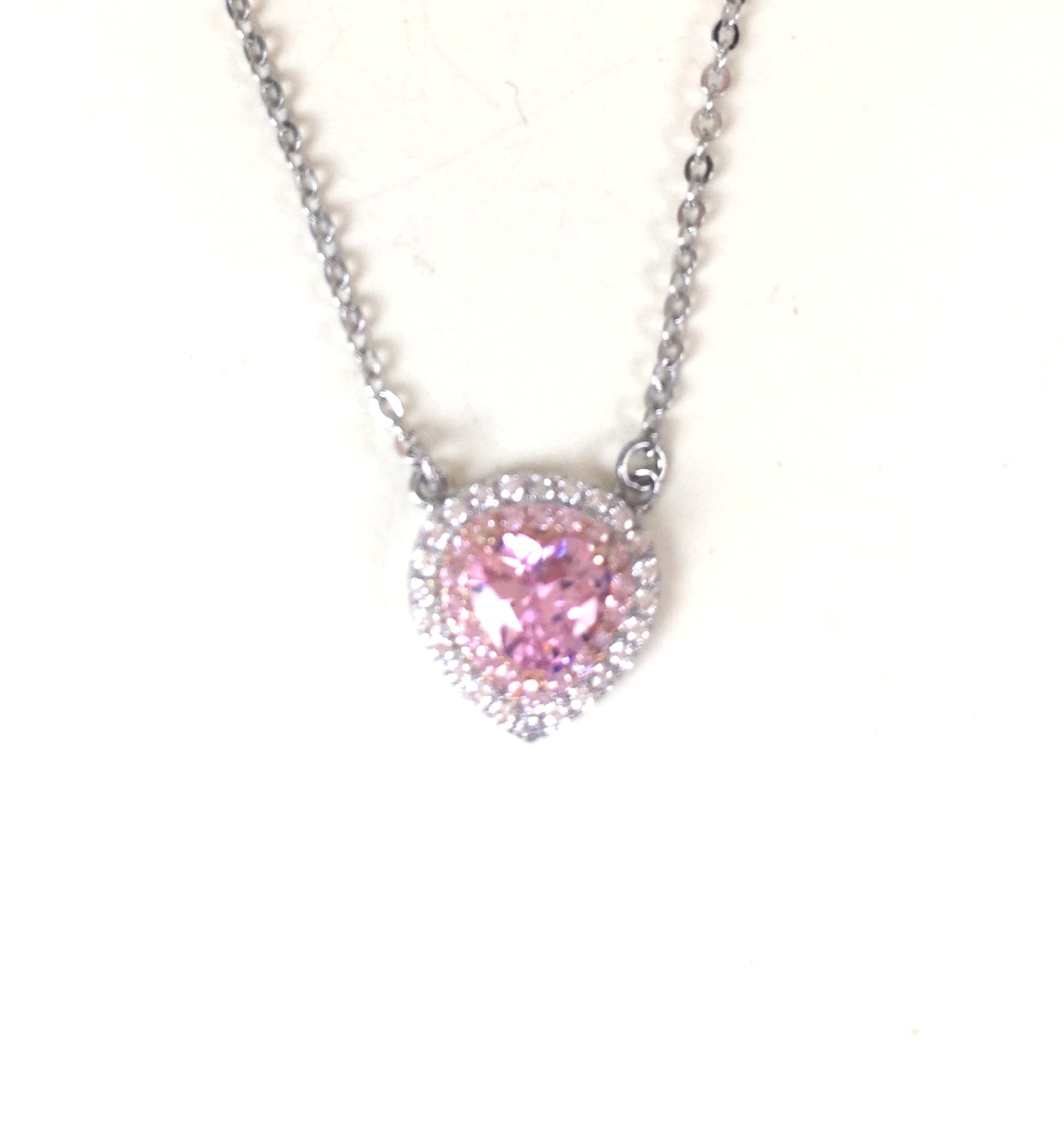 PINK HEART PAVE CZ STERLING SILVER NECKLACE
