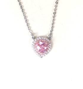 PINK HEART PAVE CZ STERLING SILVER NECKLACE