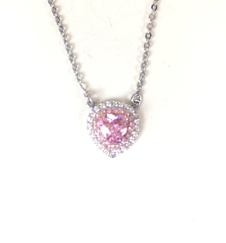 PINK HEART PAVE CZ STERLING SILVER NECKLACE