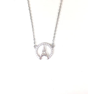 EIFFEL TOWER IN CIRCLE PAVE CZ STERLING SILVER NECKLACE