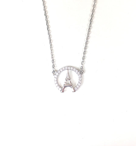 EIFFEL TOWER IN CIRCLE PAVE CZ STERLING SILVER NECKLACE