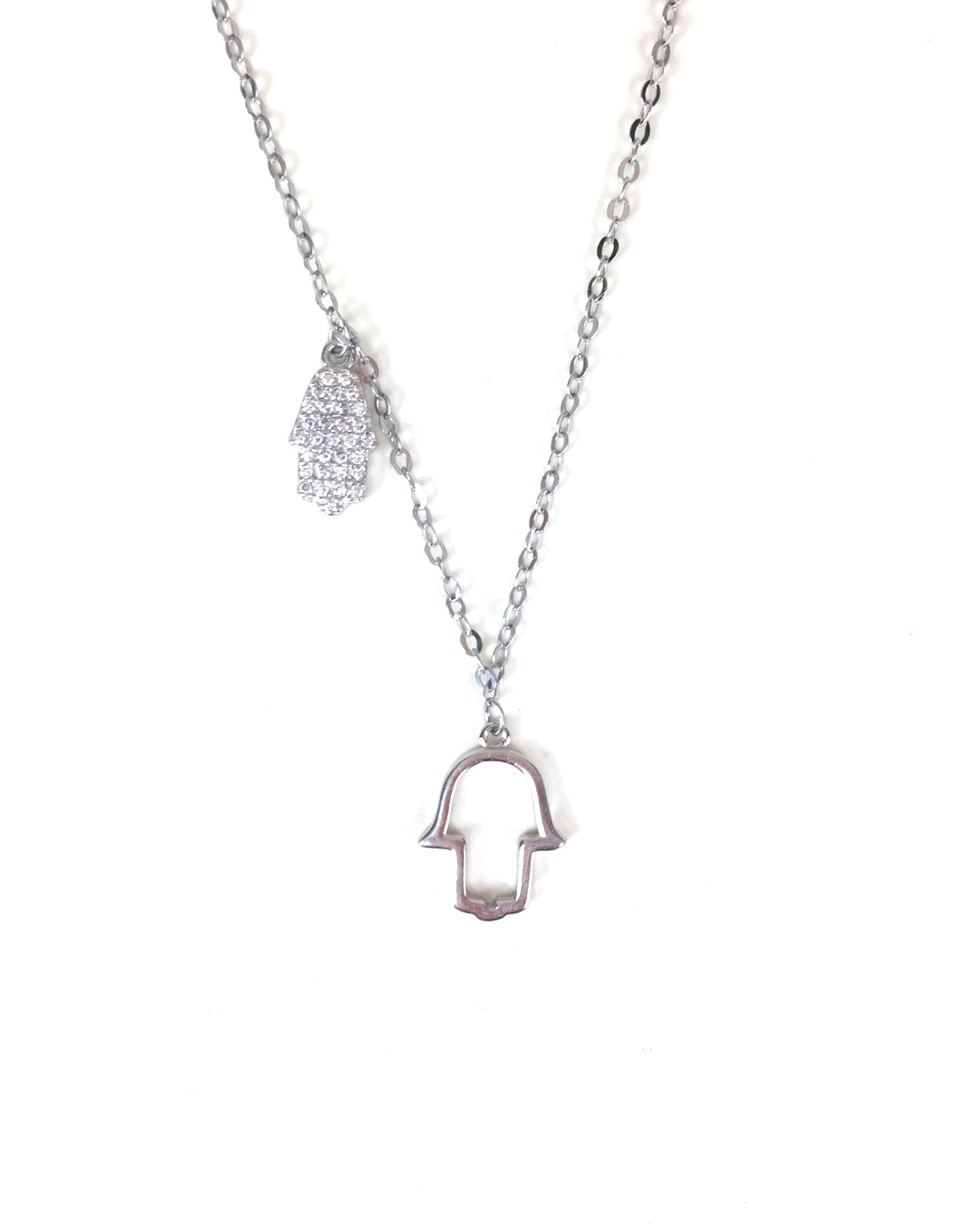 TWO HAMSA HANDS PAVE CZ STERLING SILVER NECKLACE