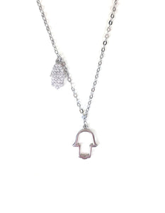 TWO HAMSA HANDS PAVE CZ STERLING SILVER NECKLACE