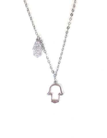 TWO HAMSA HANDS PAVE CZ STERLING SILVER NECKLACE