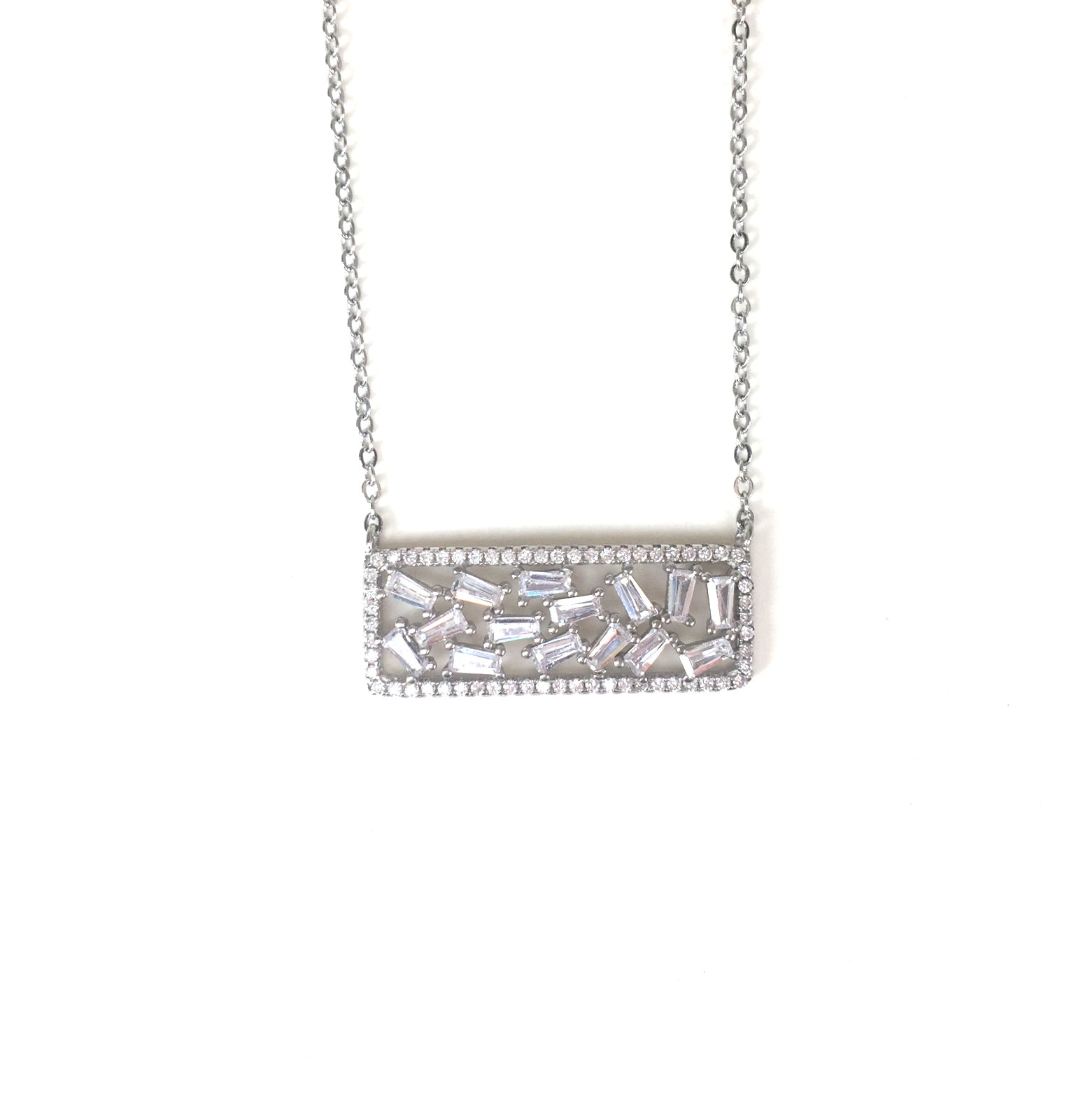 SPARKLING HORIZONTAL DECORATED BAR PAVE CZ STERLING SILVER NECKLACE