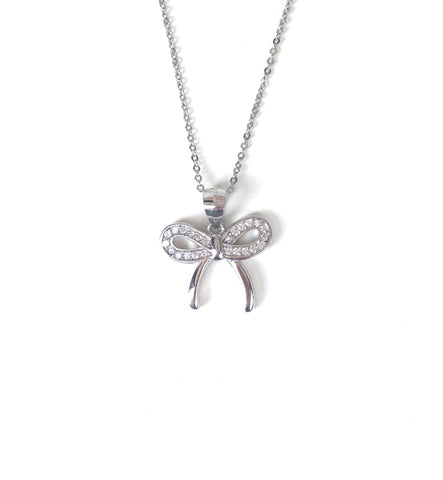 SPARKLING BOW PAVE CZ STERLING SILVER NECKLACE