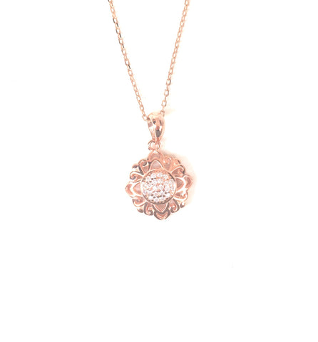 ROSE GOLD FLOWER PAVE CZ STERLING SILVER NECKLACE