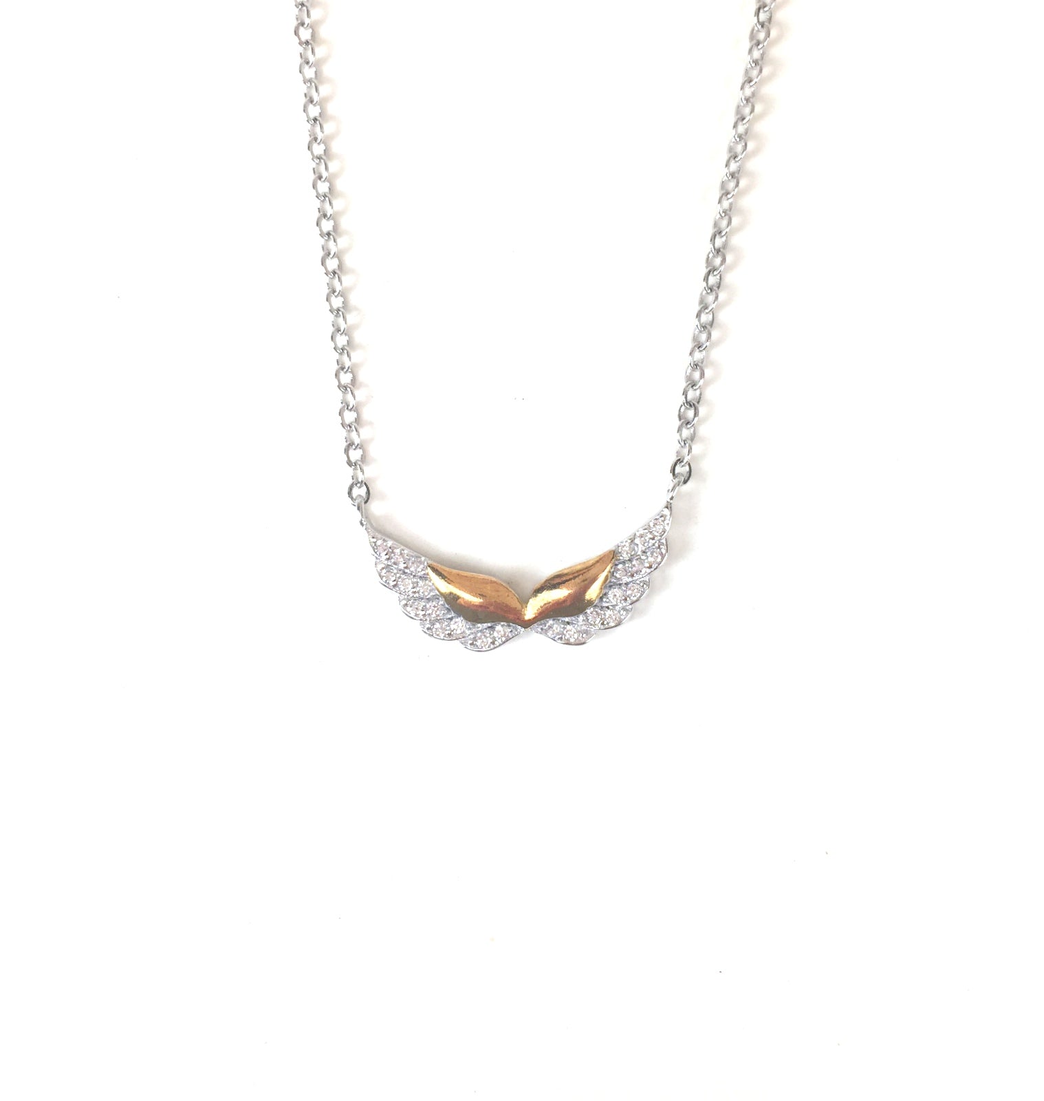 TWO TONE WINGS PAVE CZ STERLING SILVER NECKLACE
