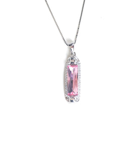 PINK CRYSTAL RECTANGLE PAVE CZ STERLING SILVER NECKLACE