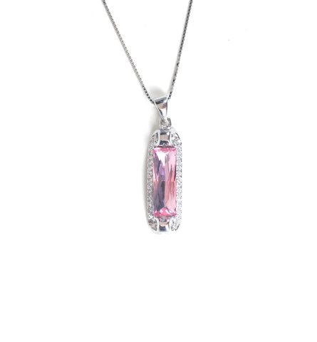 PINK CRYSTAL RECTANGLE PAVE CZ STERLING SILVER NECKLACE