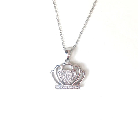 HEART INSIDE CROWN PAVE CZ STERLING SILVER NECKLACE