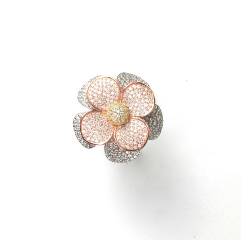 THREE TONE FLOWER STERLING SILVER RING