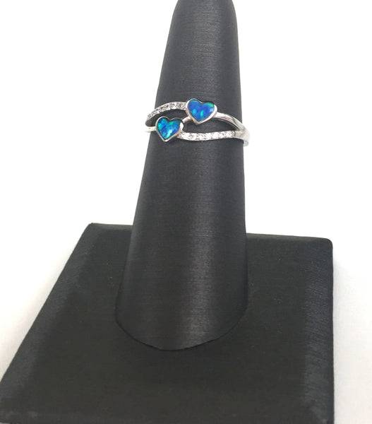 OPAL TWO HEARTS PAVE CZ STERLING SILVER RING
