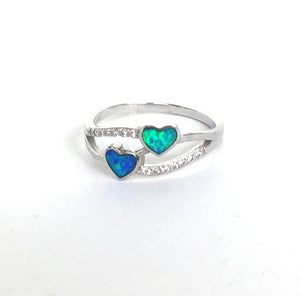 OPAL TWO HEARTS PAVE CZ STERLING SILVER RING