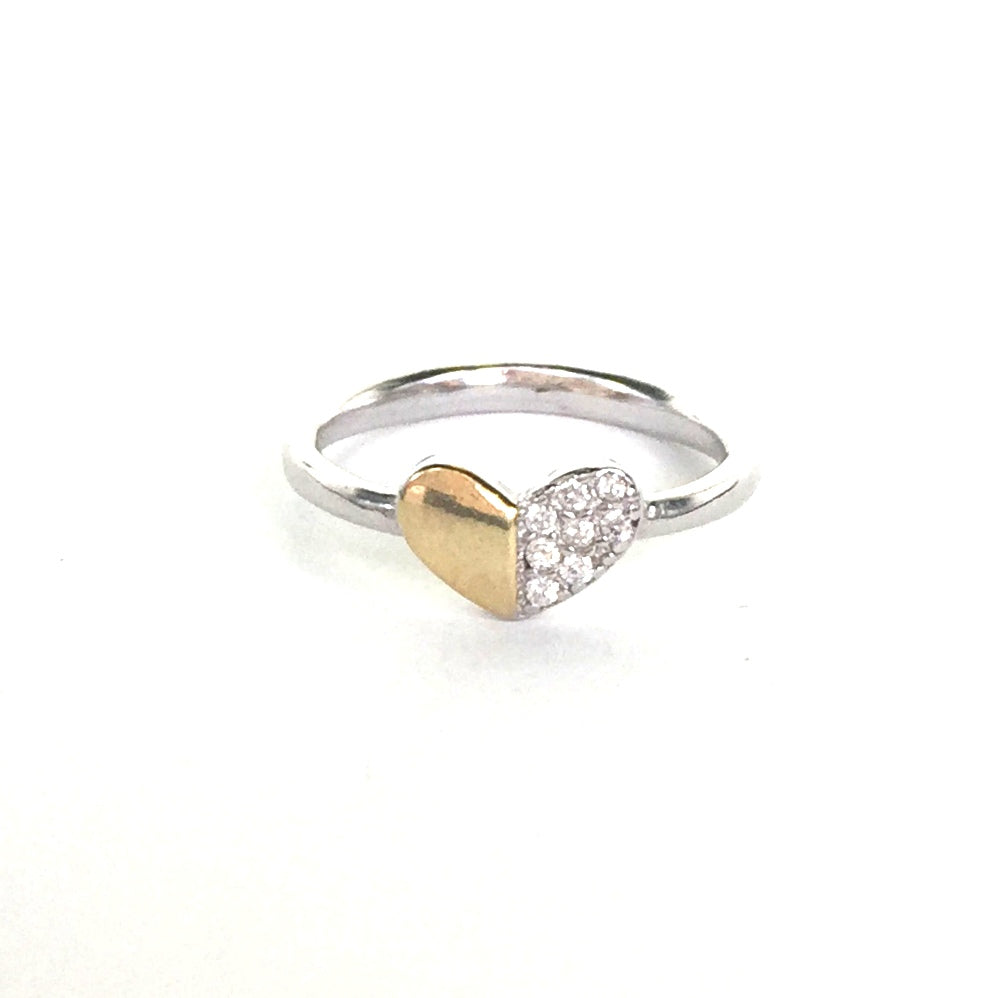 TWO TONE HEART PAVE CZ STERLING SILVER RING