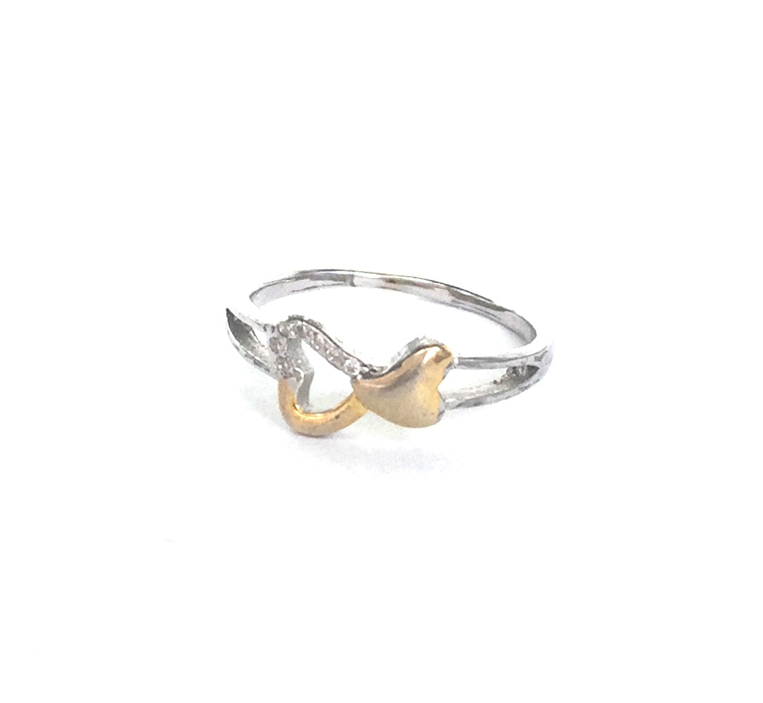 TWO TONE HEART TO HEART PAVE CZ STERLING SILVER RING