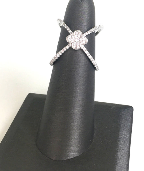 X WITH FLOWER PAVE CZ STERLING SILVER RING