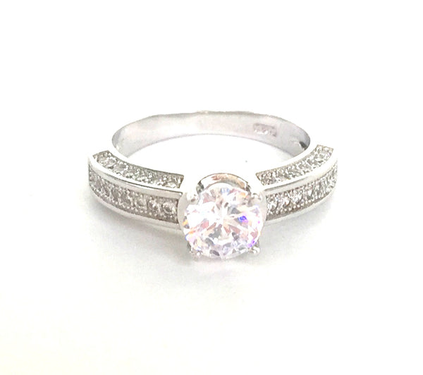 CLEAR STONE WITH SIDE PAVE CZ STERLING SILVER RING