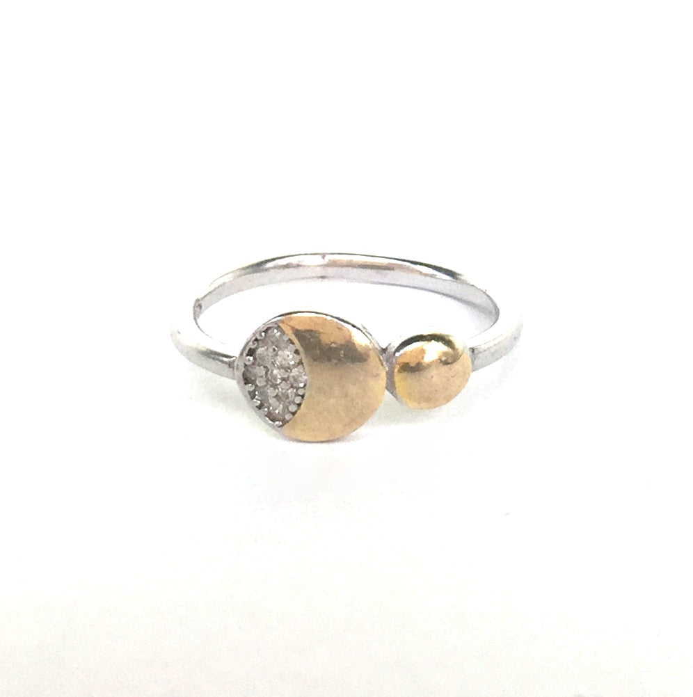 TWO TONE ROUND TO BEAD PAVE CZ STERLING SILVER RING