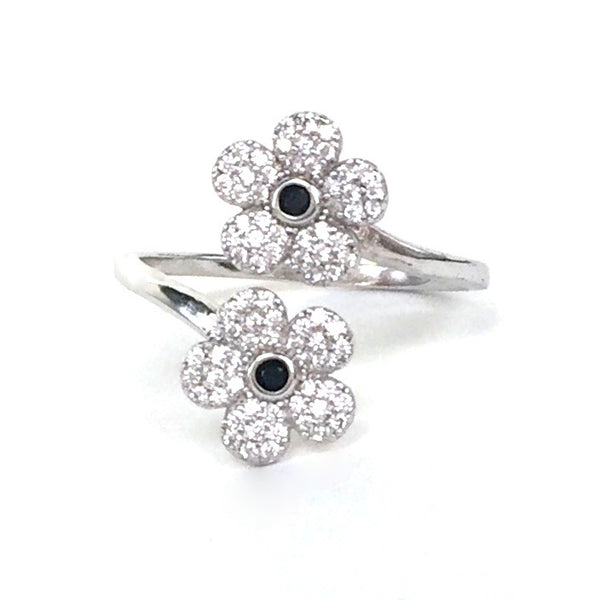 TWO FLOWERS PAVE CZ STERLING SILVER RING