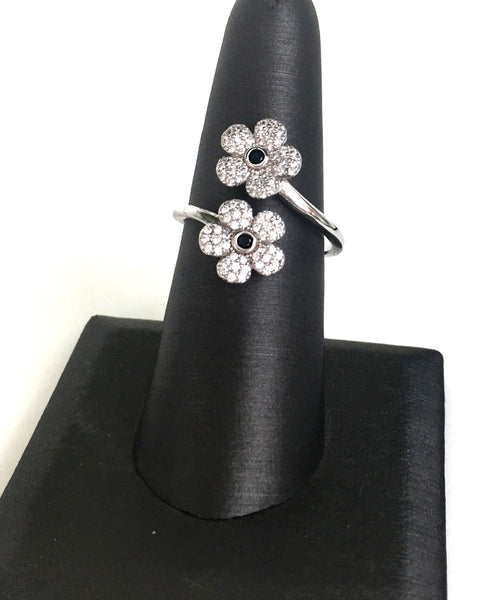 TWO FLOWERS PAVE CZ STERLING SILVER RING