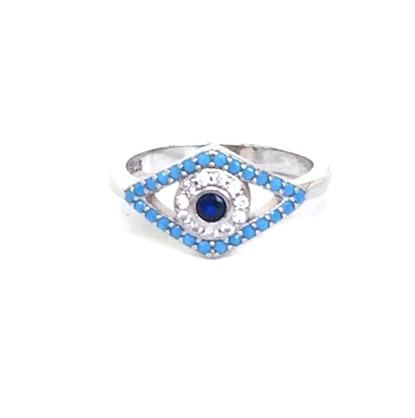 TURQUOISE EVIL EYE PAVE CZ STERLING SILVER RING