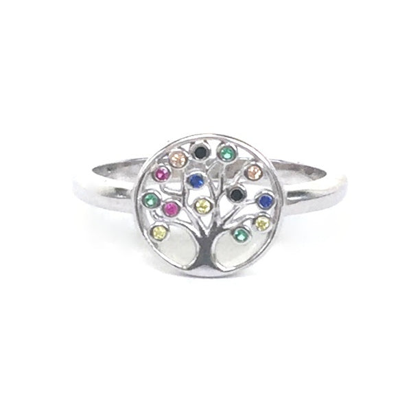 MULTI COLOR PETITE STONE TREE OF LIFE STERLING SILVER RING