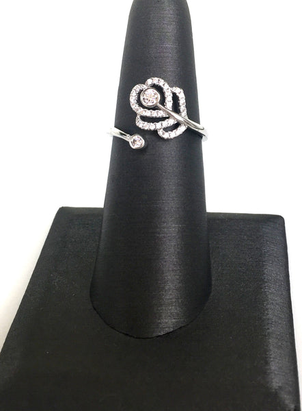 ROSE FLOWER AND MINI STONE PAVE CZ STERLING SILVER RING